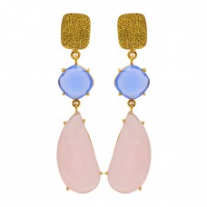 Blue Quartz Chalcedony Gemstone 925 Sterling Silver Gold Plated Stud Dangle Earrings