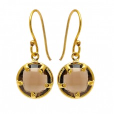 Round Shape Smoky Quartz Gemstone 925 Sterling Silver Gold Plated Earrings