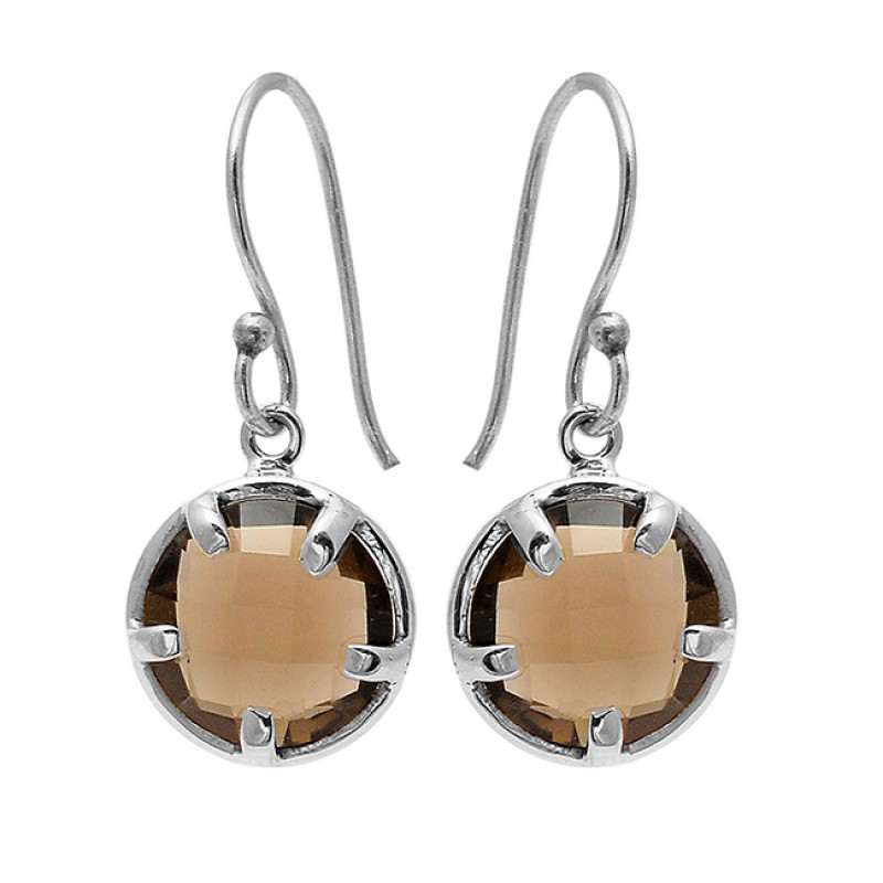 Round Shape Smoky Quartz Gemstone 925 Sterling Silver Gold Plated Earrings