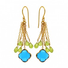 Peridot Blue Quartz Gemstone 925 Sterling Silver Gold Plated Chain Dangle Earrings