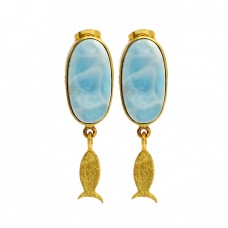 Oval Shape Larimar Gemstone 925 Sterling Silver Gold Plated Handmade Earrings