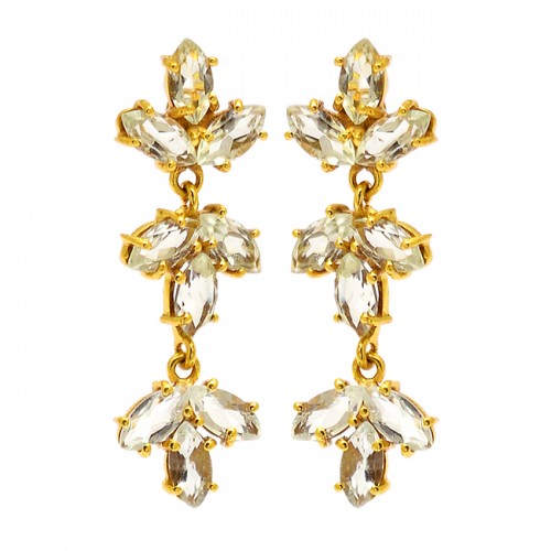 Marquise Shape Crystal Quartz Gemstone 925 Sterling Silver Gold Plated Earrings
