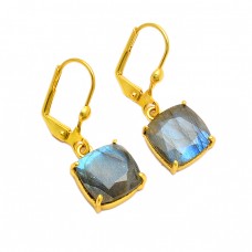 Cushion Shape Labradorite Gemstone 925 Sterling Silver Gold Plated Clip-On Earrings