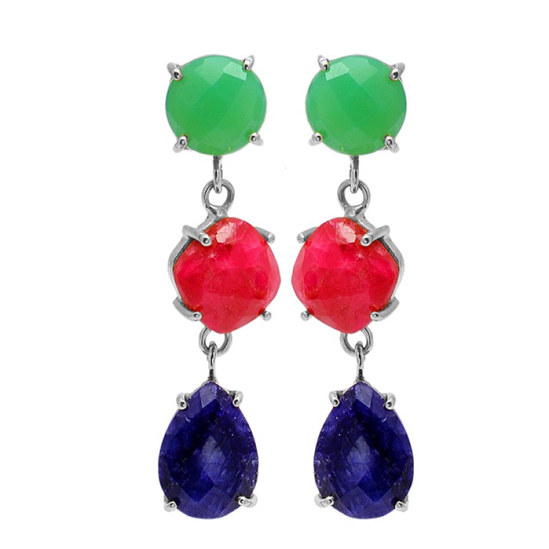 Ruby Sapphire Chalcedony Gemstone 925 Sterling Silver Gold Plated Stud Earrings