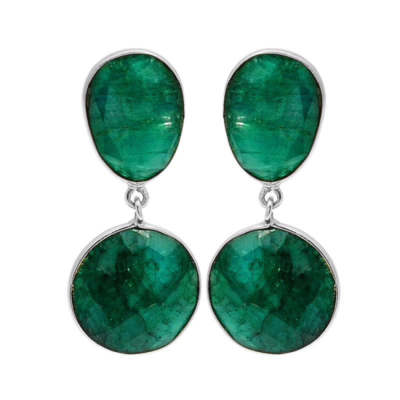 925 Sterling Silver Emerald Gemstone Gold Plated Bezel Setting Stud Dangle Earrings