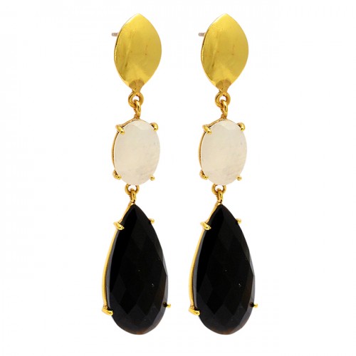 925 Sterling Silver Moonstone Onyx Gemstone Gold Plated Stud Dangle Earrings