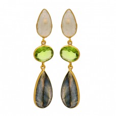 925 Sterling Silver Peridot Moonstone Labradorite Gemstone Gold Plated Earrings