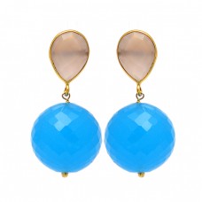 Rose Quartz Turquoise Gemstone 925 Sterling Silver Gold Plated Stud Dangle Earrings