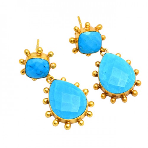 Cushion Pear Turquoise Gemstone 925 Sterling Silver Gold Plated Stud Dangle Earrings