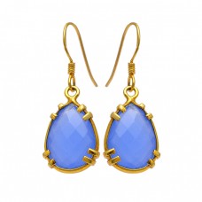 Blue Chalcedony Briolette Pear Shape Gemstone 925 Silver Gold Plated Earrings