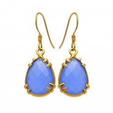 Blue Chalcedony Briolette Pear Shape Gemstone 925 Silver Gold Plated Earrings