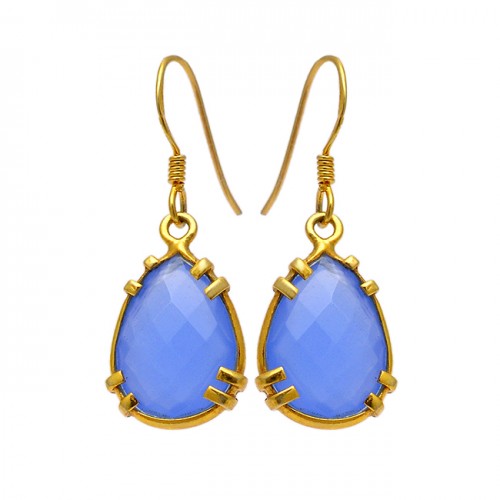 Blue Chalcedony Briolette Pear Shape Gemstone 925 Silver Gold Plated Earrings