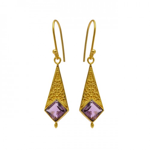 Amethyst Square Shape Gemstone Gold Plated Handcrafted Designer Earrings