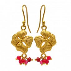 Faceted Roundel Beads Ruby Gemstone Gold Plated Flower Designer Earrings