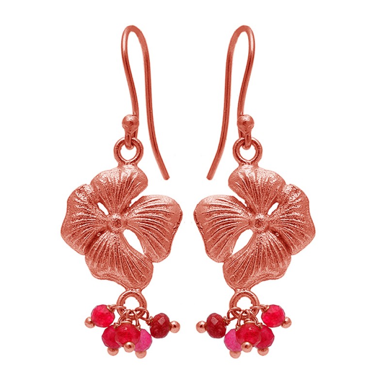 Faceted Roundel Beads Ruby Gemstone Gold Plated Flower Designer Earrings
