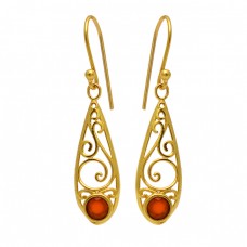 Carnelian Round Shape Gemstone Filigree Style Gold Plated Dangle Earrings