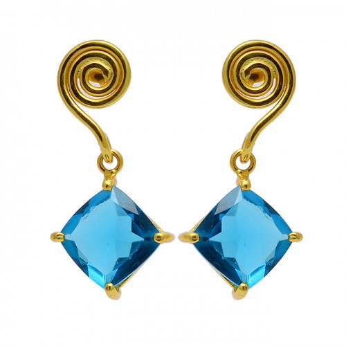 Stylish Designer Blue Quartz Square Shape Gemstone Gold Plated Stud Earrings