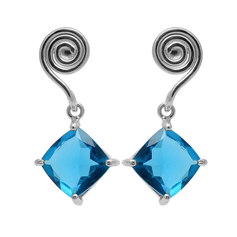 Stylish Designer Blue Quartz Square Shape Gemstone Gold Plated Stud Earrings