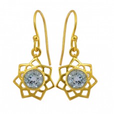 925 Sterling Silver Blue Topaz Round Shape Gemstone Gold Plated Filigree Style Earrings
