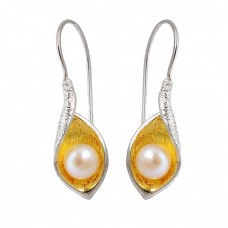 925 Sterling Silver Gold Plated Pearl Round Cabochon Gemstone Designer Earrings