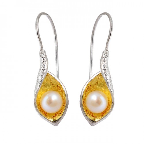 925 Sterling Silver Gold Plated Pearl Round Cabochon Gemstone Designer Earrings