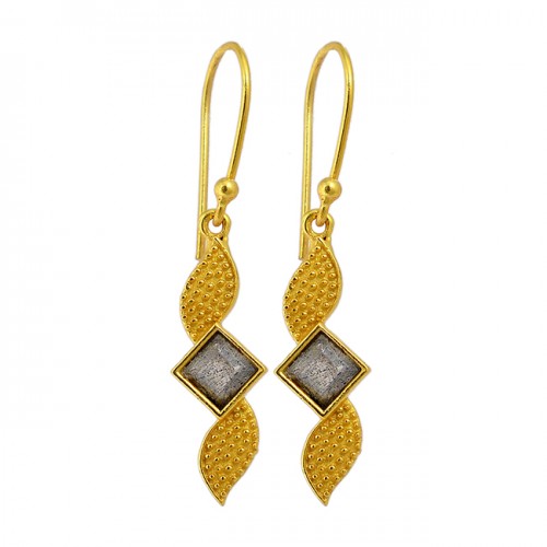 Square Shape Labradorite Gemstone Handcrafted Designer Gold Plated Dangle Earrings