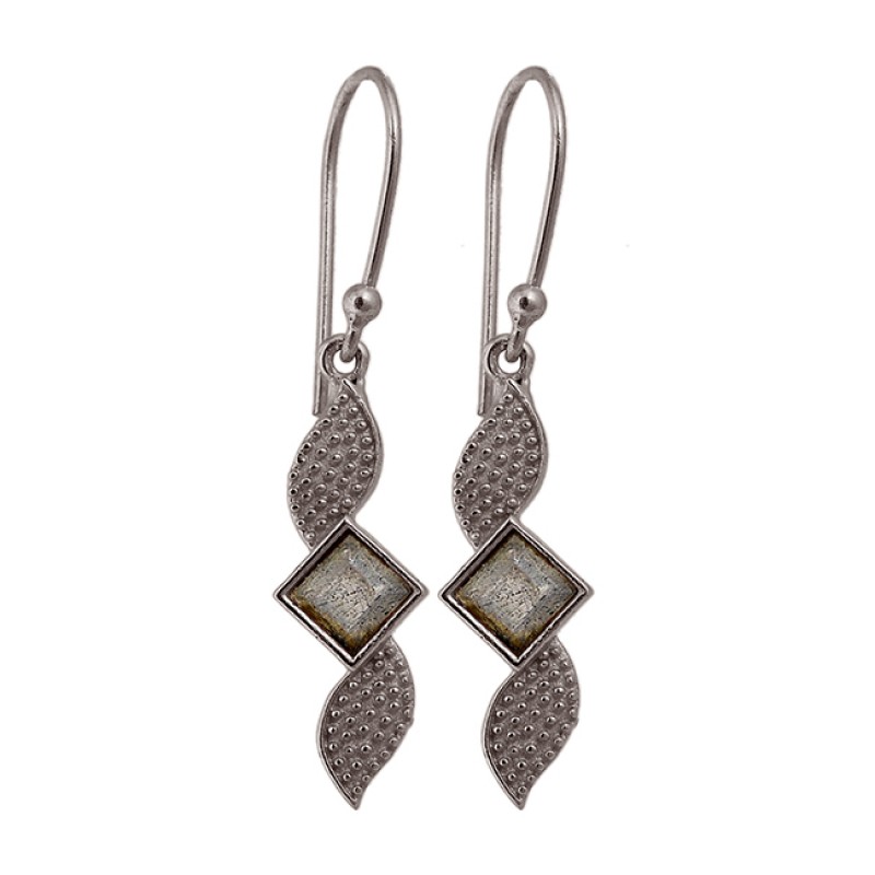 Square Shape Labradorite Gemstone Handcrafted Designer Gold Plated Dangle Earrings