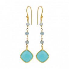 Aqua Chalcedony Gemstone 925 Sterling Silver Gold Plated Handmade Earrings