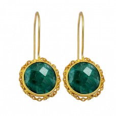 Round Shape Emerald Gemstone 925 Sterling Silver Gold Plated Fixed Ear Wire Earrings