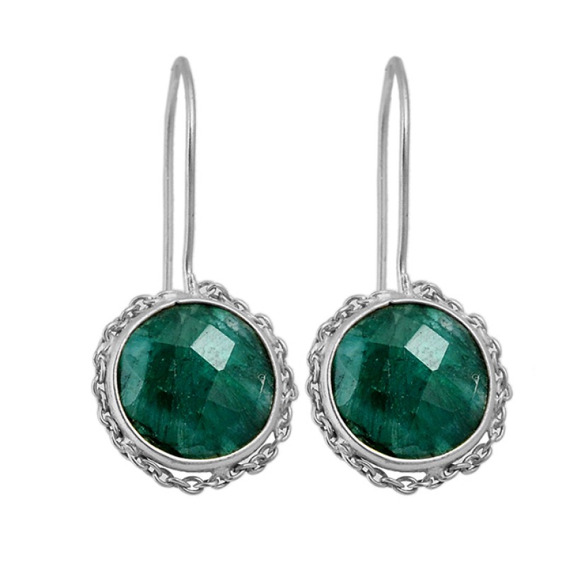 Round Shape Emerald Gemstone 925 Sterling Silver Gold Plated Fixed Ear Wire Earrings