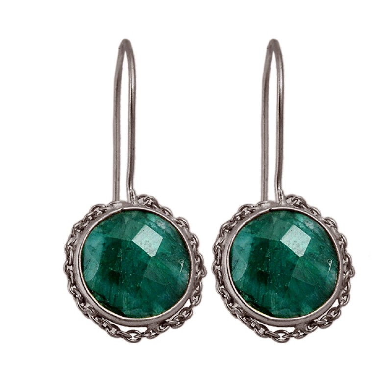 Round Shape Emerald Gemstone 925 Sterling Silver Gold Plated Fixed Ear Wire Earrings