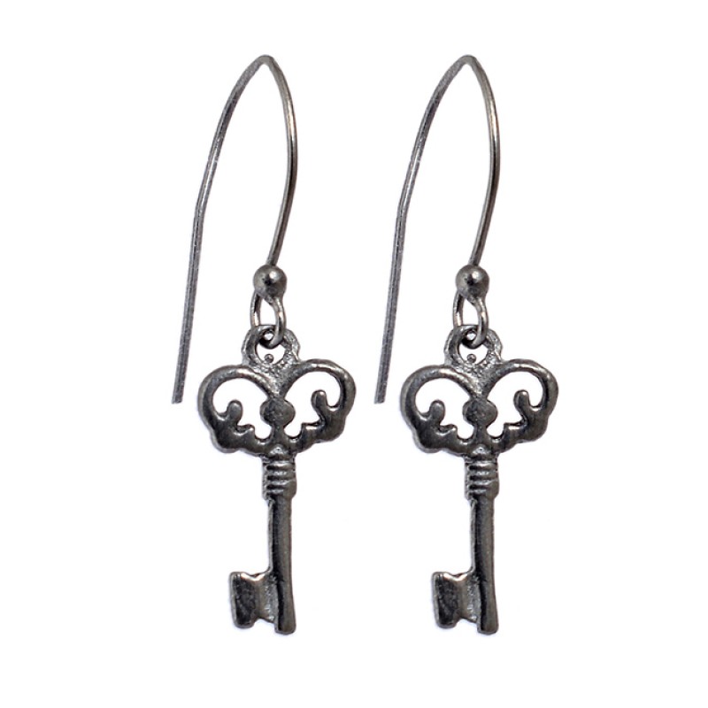 925 Sterling Silver Key Designer Plain Black Rhodium Dangle Earrings