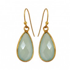 Bezel Setting Aqua Chalcedony Gemstone 925 Sterling Silver Gold Plated Earrings