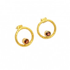 Garnet Round Shape Gemstone 925 Sterling Silver Gold Plated Stud Earrings