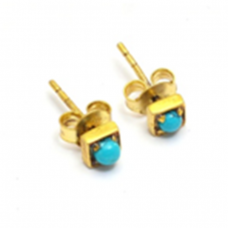Round Cabochon Turquoise Gemstone 925 Sterling Silver Gold Plated Stud Earrings
