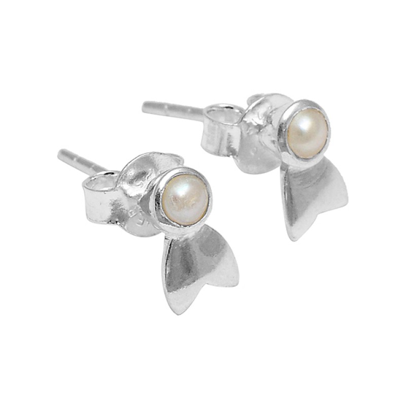 Pearl Round Shape Gemstone 925 Sterling Silver Handmade Designer Stud Earrings
