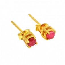 925 Sterling Silver Round Shape Ruby Gemstone Gold Plated Stud Earrings