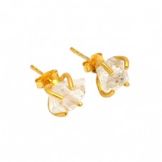 925 Sterling Silver Herkimer Diamond Rough Gemstone Gold Plated Stud Earrings