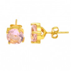 Pink Quartz Round Shape Gemstone 925 Sterling Silver Gold Plated Stud Earrings