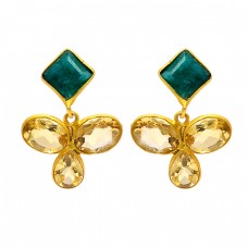 925 Sterling Silver Emerald Cubic Zirconia Gemstone Gold Plated Stud Earrings