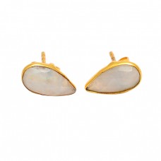 Pear Shape Rainbow Moonstone 925 Sterling Silver Gold Plated Stud Earrings