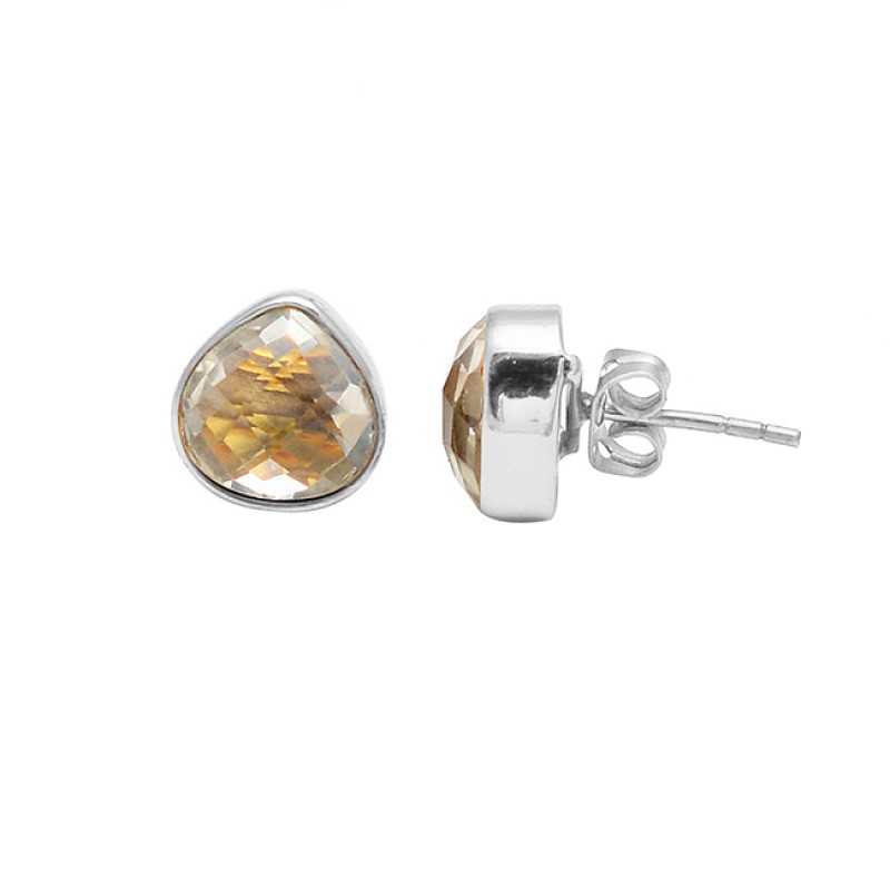 Heart Shape Crystal Quartz Gemstone 925 Sterling Silver Gold Plated Stud Earrings
