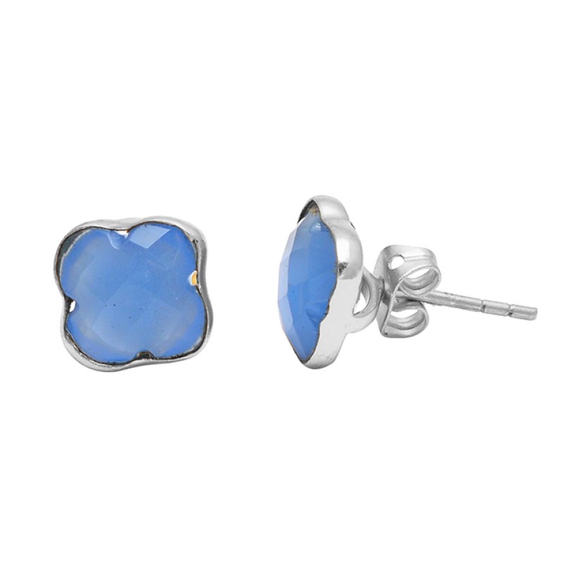 Carved Flower Blue Chalcedony Gemstone 925 Sterling Silver Gold Plated Earrings