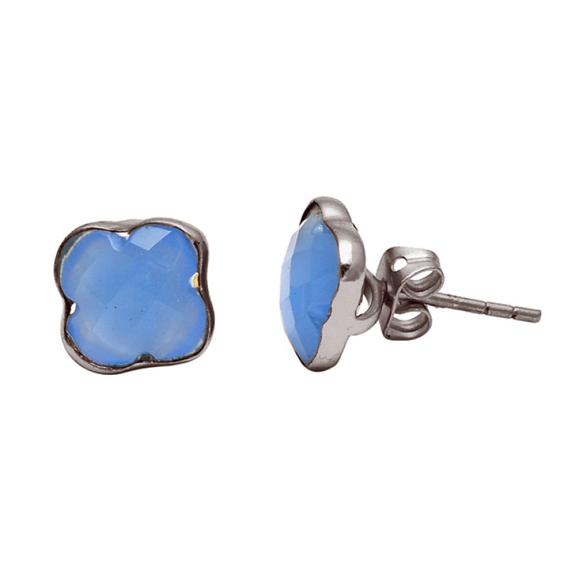 Carved Flower Blue Chalcedony Gemstone 925 Sterling Silver Gold Plated Earrings