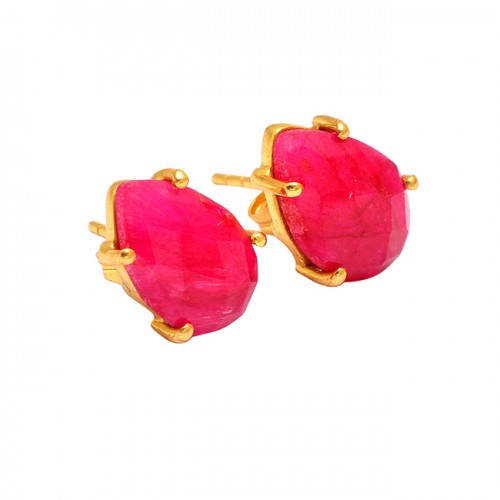 Prong Setting Pear Shape Ruby Gemstone 925 Sterling Silver Gold Plated Earrings