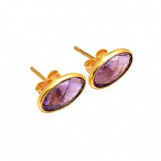 Oval Shape Amethyst Gemstone 925 Sterling Silver Gold Plated Stud Earrings