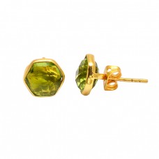 Hexagon Shape Peridot Gemstone 925 Sterling Silver Gold Plated Stud Earrings