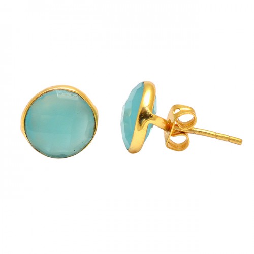 Aqua Chalcedony Round Shape Gemstone 925 Sterling Silver Gold Plated Stud Earrings