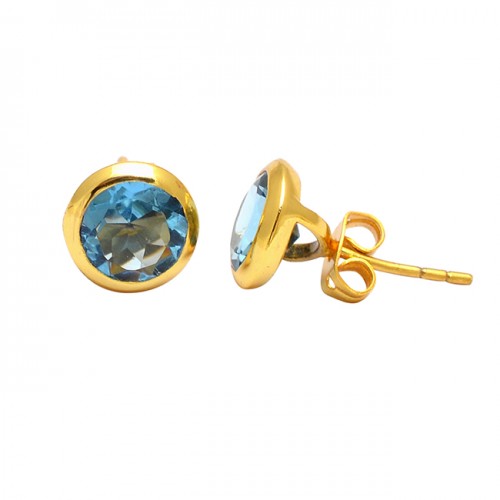 Round Shape Blue Topaz Gemstone 925 Sterling Silver Gold Plated Stud Earrings