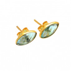 Blue Topaz Marquise Shape Gemstone 925 Sterling Silver Gold Plated Stud Earrings